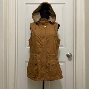 YMI Collection Hooded Vest Brown Faux Fur‎ Lined Full Zip Drawstring Fits M - L